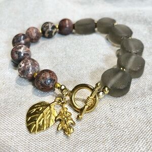 Chunky Jasper & Glass Bracelet Gold Tone Toggle Clasp